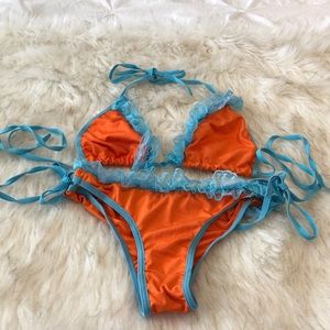 Orange and blue lace bikini